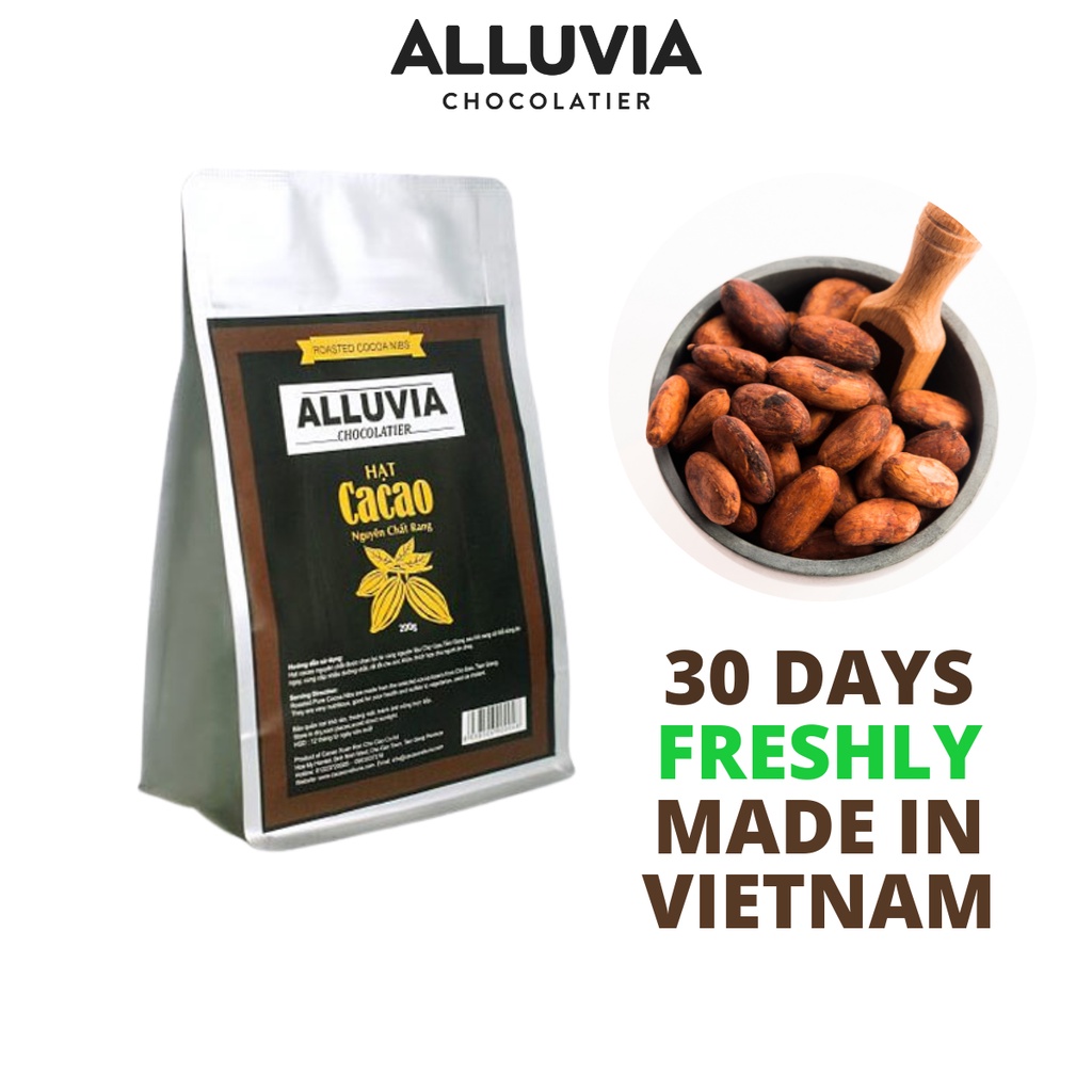 100% 純粋なロースト ニブ カカオ豆、砂糖不使用、保存料不使用、Alluvia チョコレート バッグ 200 グラム