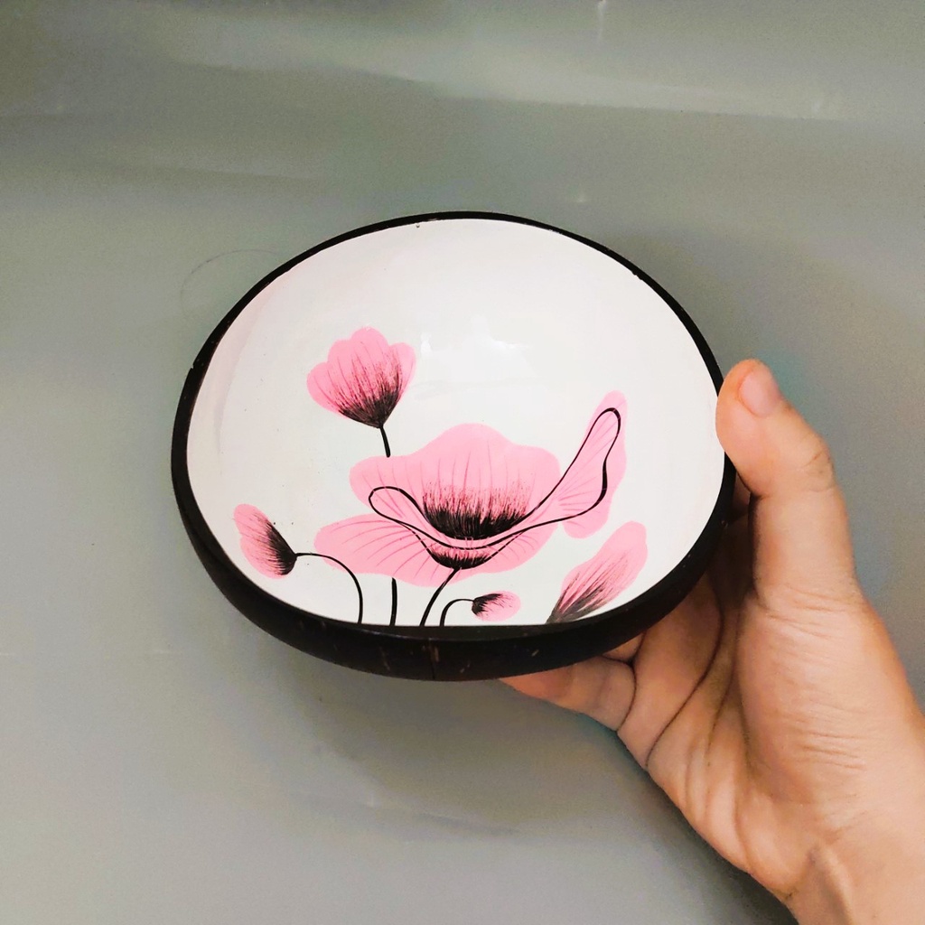 ベトナム雑貨 ココナッツボウル 漆塗り 蓮の花柄 13cm
