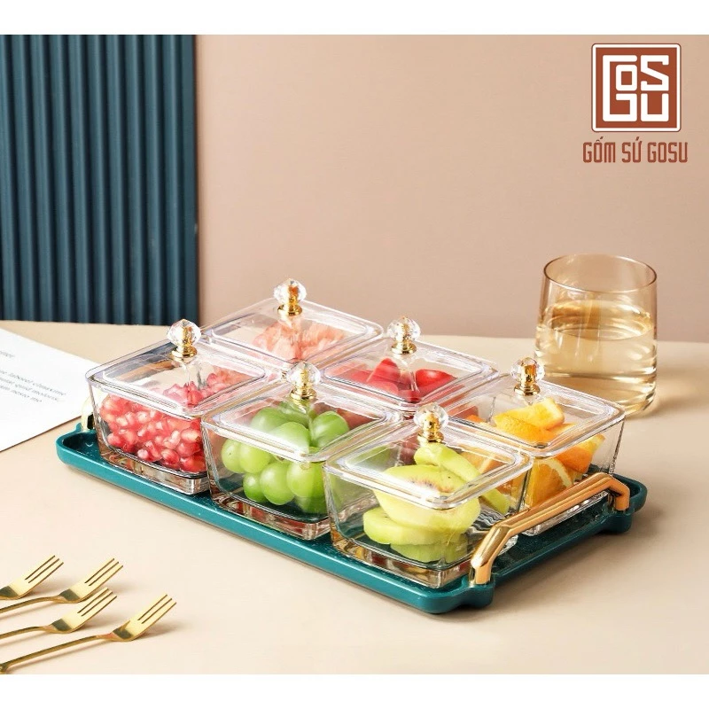 2025年トレンド！おしゃれなガラス製テト菓子トレイセット - 蓋＆マイカトレイ付き