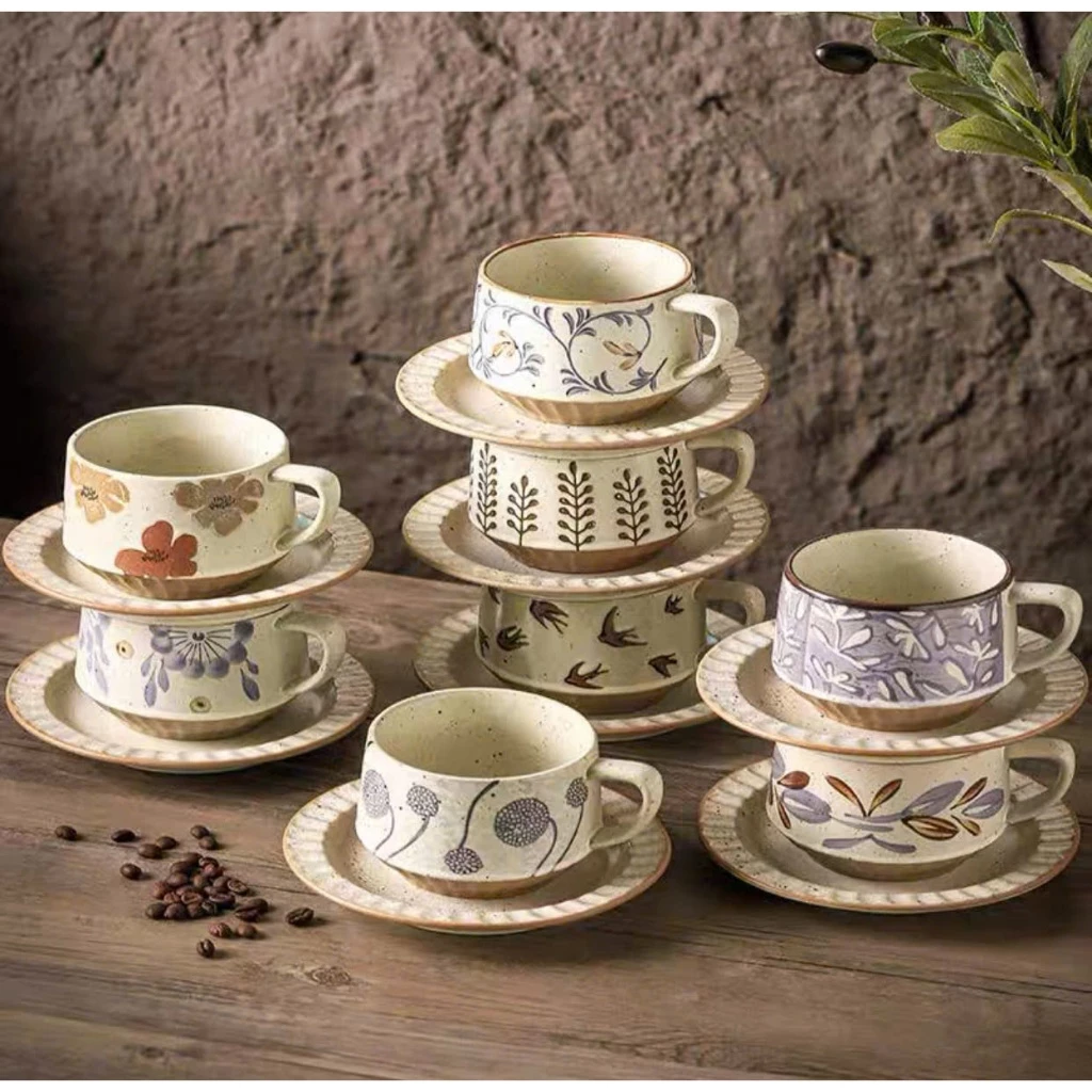 日本の自然美薫るヴィンテージ陶器コーヒーカップ＆ソーサー 300ml (LG0030) - 確かな持ち心地、上質な空間を演出するデコール