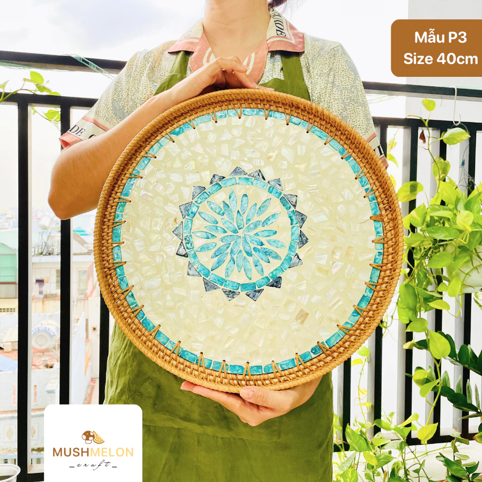 真珠貝象嵌ラタントレイ 40cm - 食卓を彩る手作り工芸品