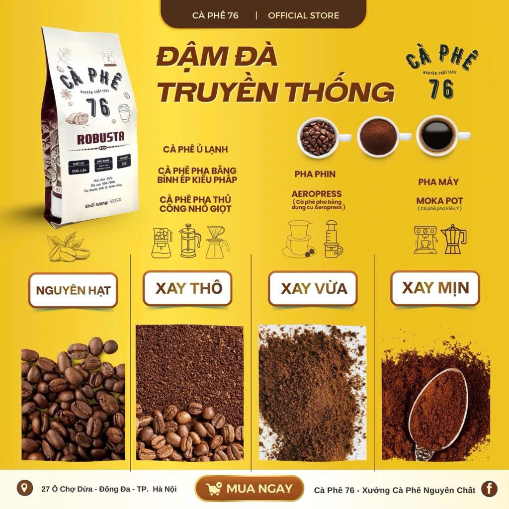 ダクラク産ロブスタコーヒー 500g 純粋焙煎挽き豆 自然な風味 無添加 香り高い
