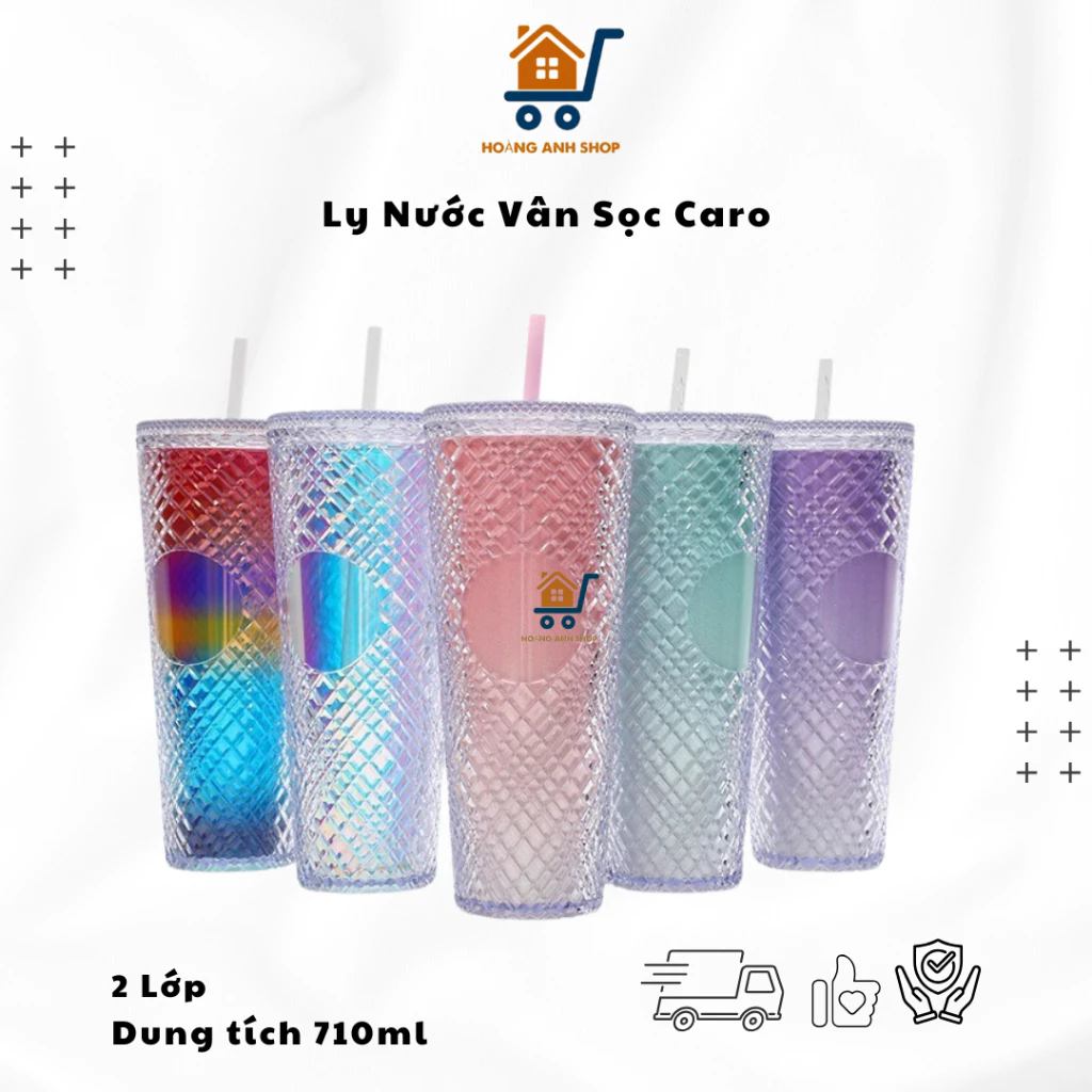 710ml チェック柄 保冷保温タンブラー 蓋・ストロー付き – 高品質PP製 3-5時間持続