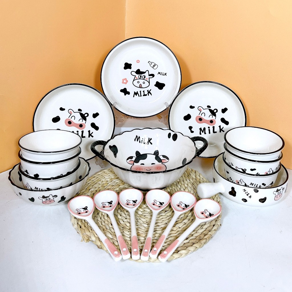 GOSU プレミアム 牛乳柄 セラミックディナーセット コンビセット2スープスプーン付き　Cute Cow Milk Pattern Premium Ceramic Dinnerware Set with 2 Soup Spoons