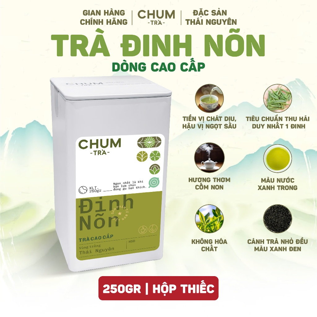 Trà Đinh Nõn Cao Cấp - Trà Xanh Thái Nguyên - Hương Cốm Thơm Ngon - Hộp thiếc size 250gram
