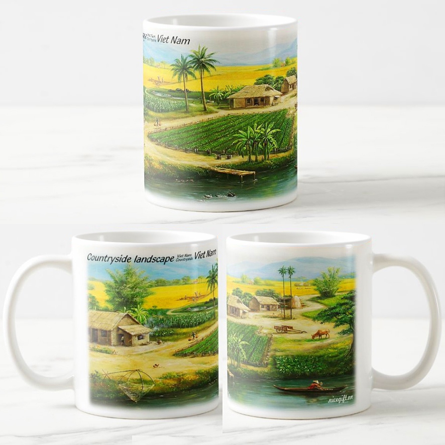 セラミック ビレッジアート 赤い陶器コップ 手描きベトナム田舎風景 300ml セラミック