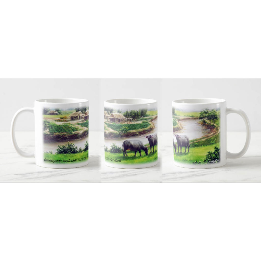 セラミックス ベトナム風景画シリーズ 手描き黒色マグカップ 田園風景柄 300ml セラミック