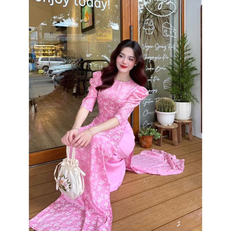 ÁO DÀI LAN'S Petite 伝統的なシルクサテン刺繍セット 花柄 140cm長袖 105cmパンツ ベトナム製