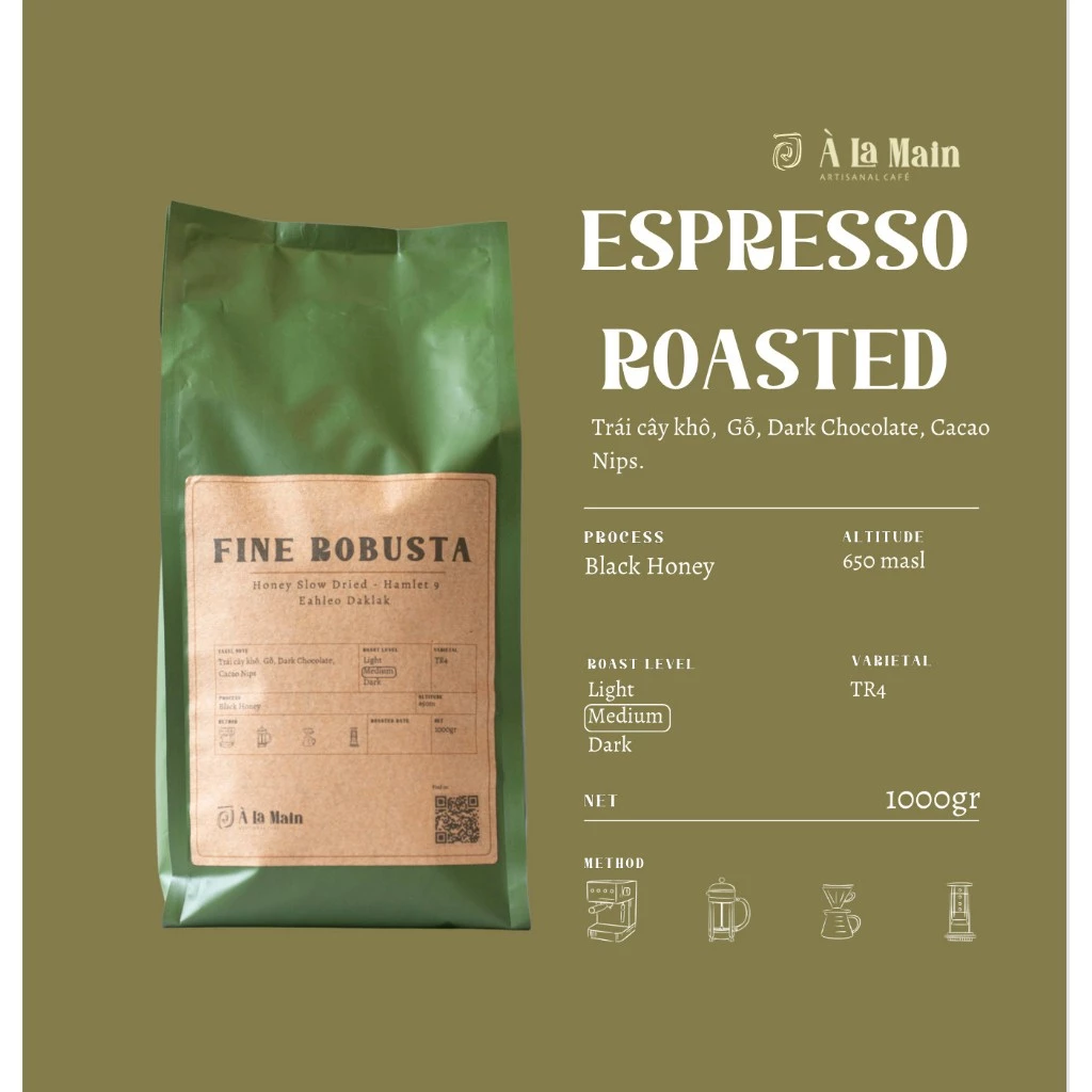 À La Main ファインロブスタ ダクラク産 ハニー スロードライ コーヒー豆 1kg - スペシャルティグレード 焙煎済 (VAT込)