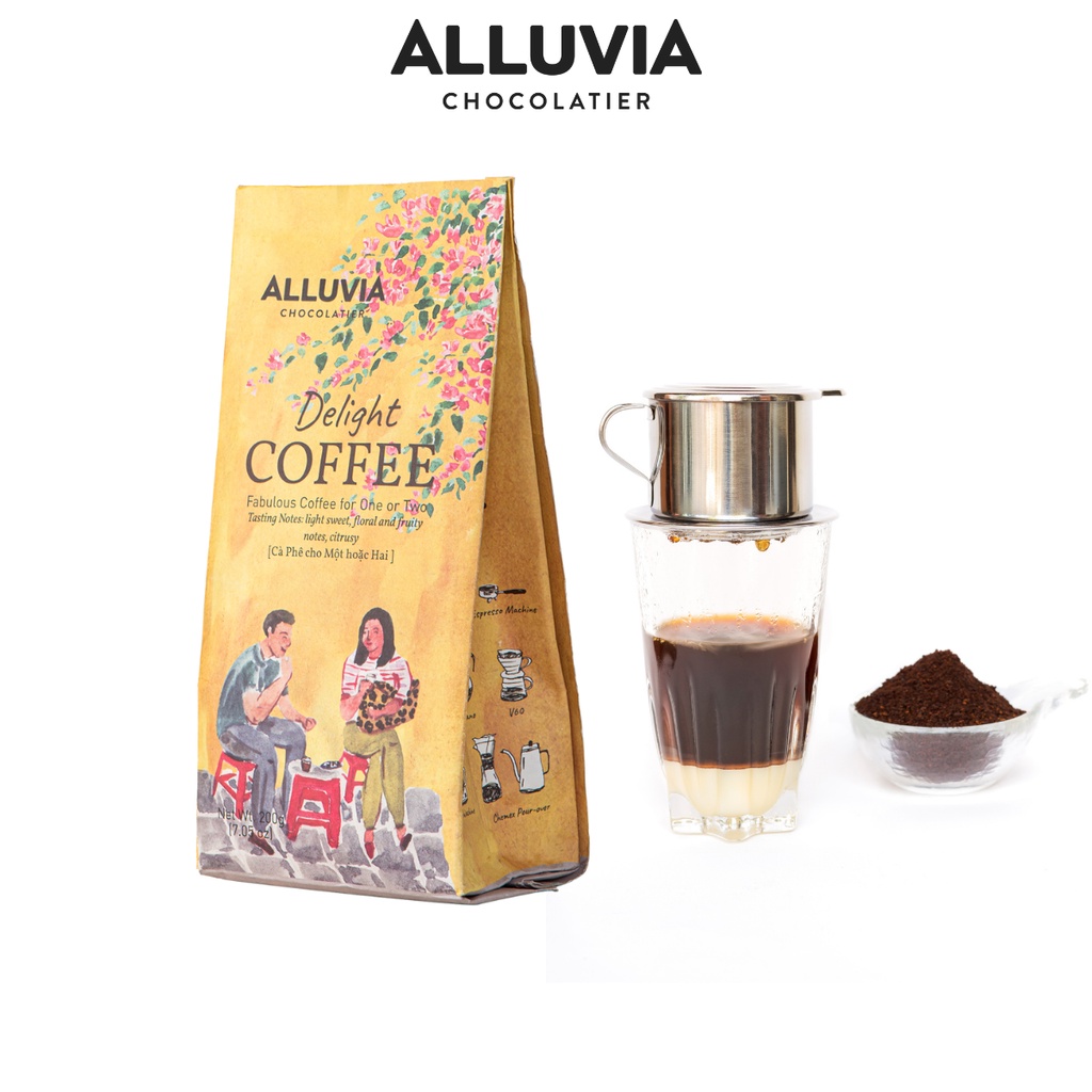 Alluvia Delight 焙煎して挽いたピュアコーヒー、200 グラムパッケージ、保存料不使用、豊かな風味