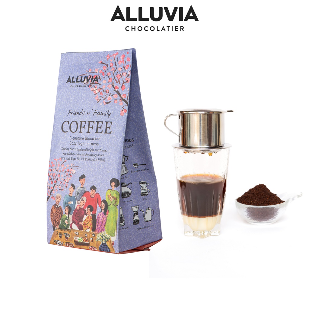 Alluvia Friend N' Family ローストして挽いたピュア コーヒー、200 グラム パッケージ、保存料不使用、豊かな風味