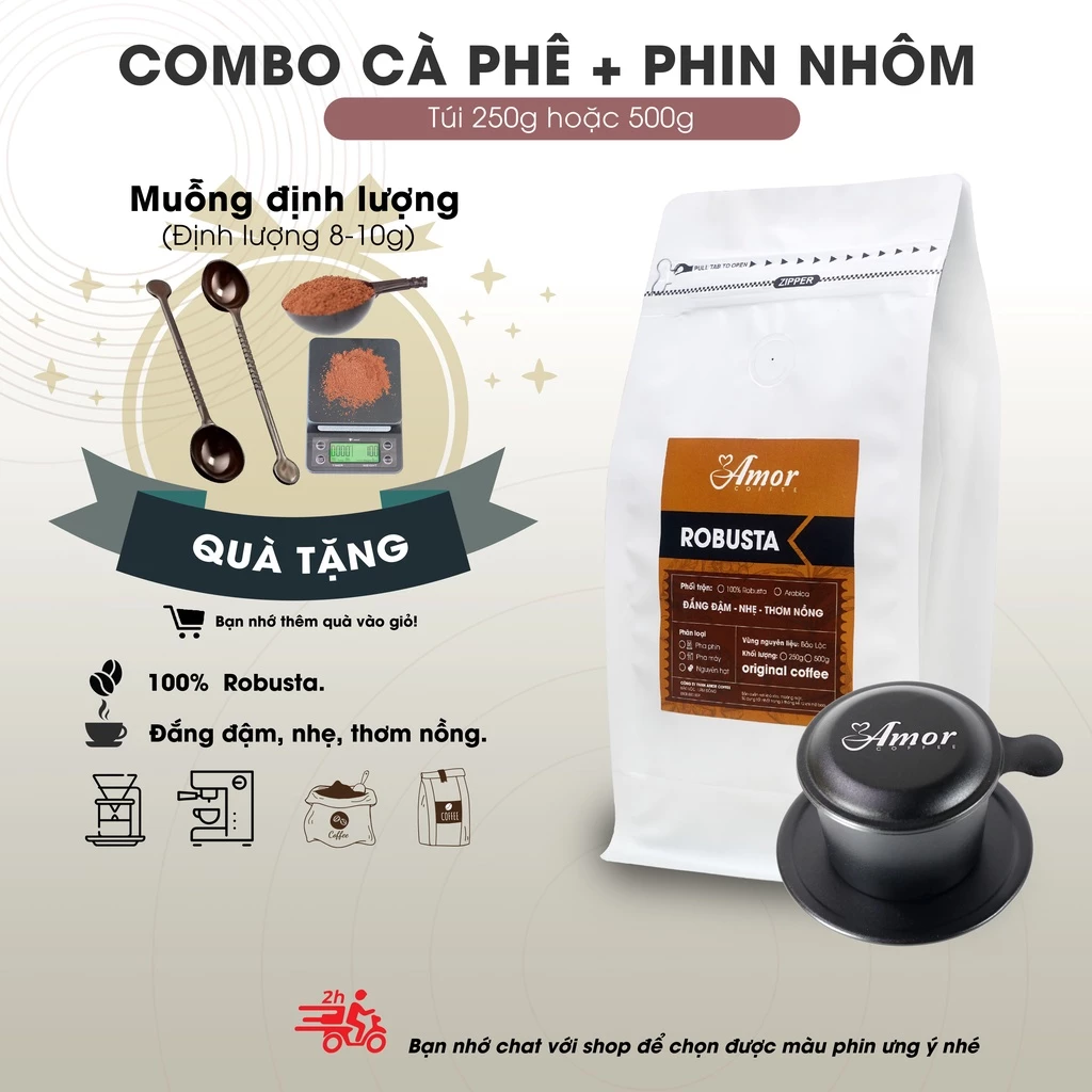 Amor Coffee 厳選ロブスタコーヒー粉 500g & ベトナム式アルミフィルター＆スプーンセット【無添加・深煎り】