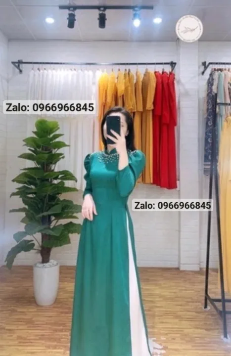 ベトナム衣装 アオザイ 真珠付き長袖のロングドレス Ao Dai Dan Linh