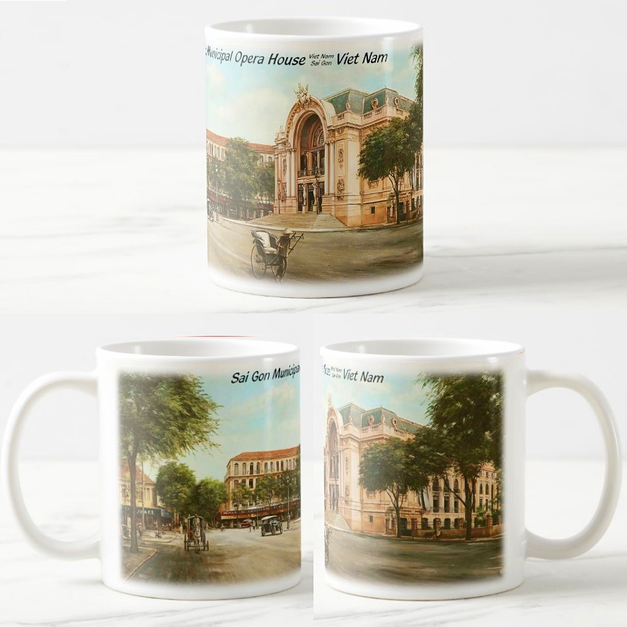 アオバ陶器 ベトナム名所シリーズ サイゴン歌劇院マグ 手描き建築画 赤色 300ml アオバ陶器
