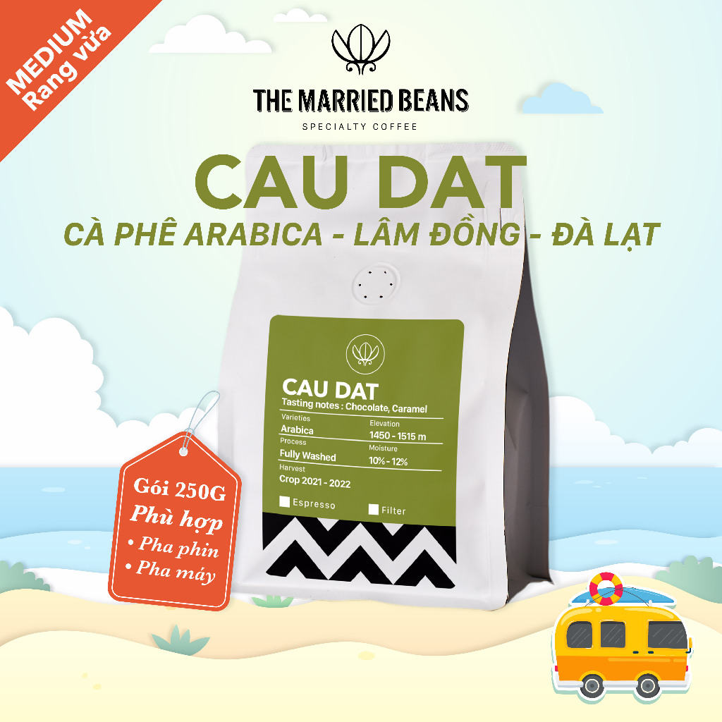 アラビカ種焙煎スペシャルティコーヒー 100% Cau Dat、ミディアムロースト (エスプレッソ、フィルター) THE MARRIED BEANS (250gr 袋) - 丸ごと豆