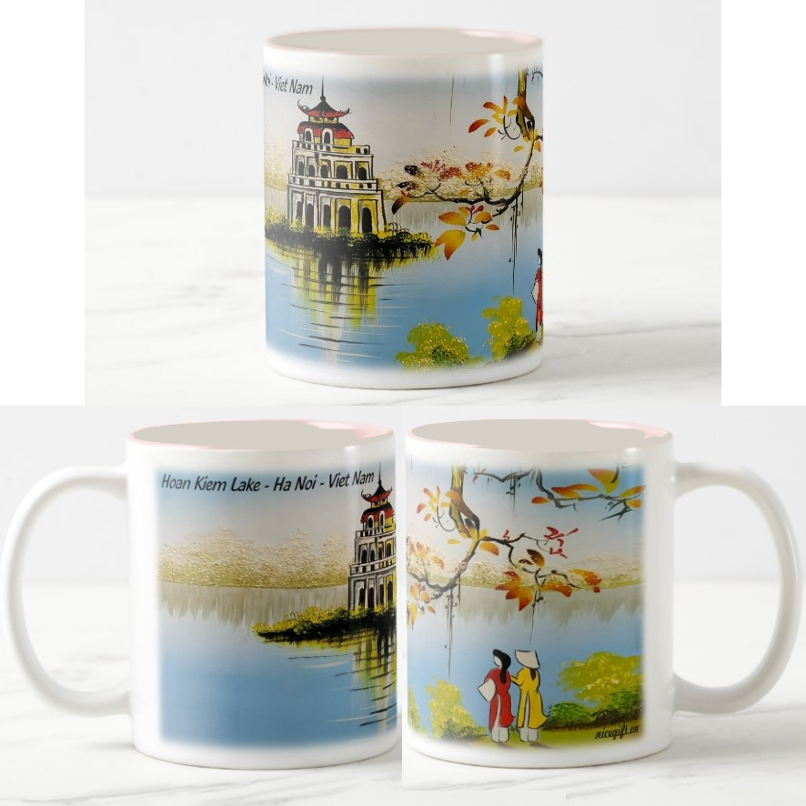 アーツクラフト ベトナム風景マグカップ ホアンキエム湖絵柄 手描き 白磁 300ml アーツクラフト