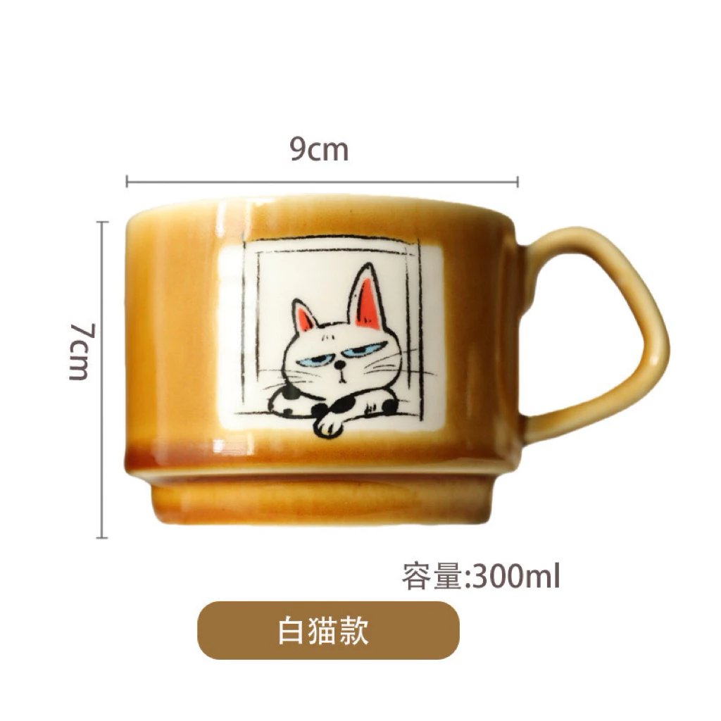 オーラハウス 猫柄セラミックマグカップ (ホワイト) – 取っ手付き、素焼き厚手陶器、日常のティータイム・コーヒー、ギフトに最適