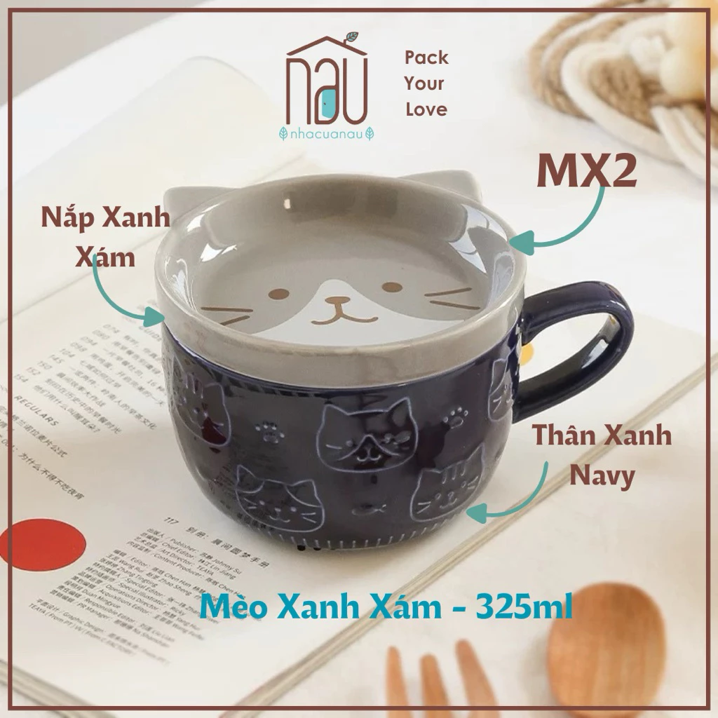 アウラハウス 青灰色 猫デザイン マグカップ 持ち手付き マット釉薬 厚手 陶器製 日常使い ギフト