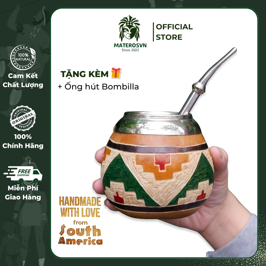 本場アルゼンチン産 手彫りカラバッシュ マテ茶カップ - アルパカ銀縁・ボンビージャ付属