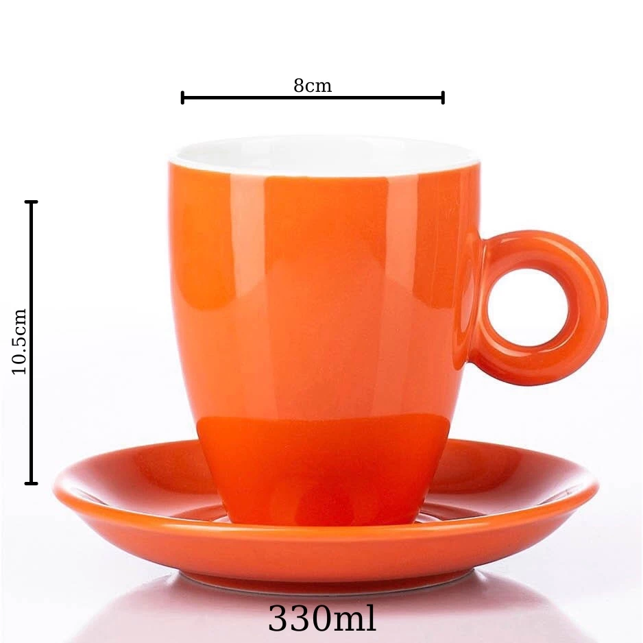 バッチャン焼き 本物 蓋付き石目釉陶器カップ 330ml オレンジ色 おしゃれなティー/コーヒーマグ