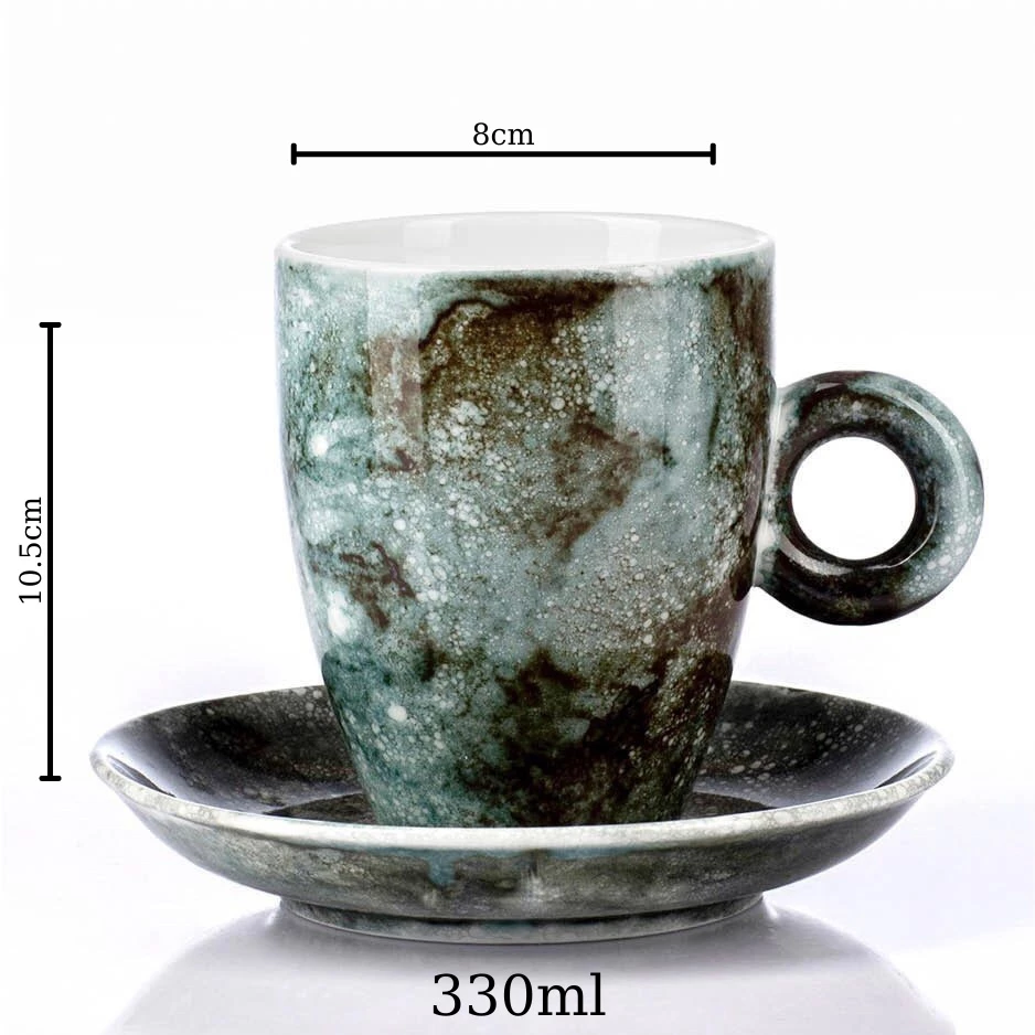 バッチャン焼き 本格 黒大理石調 石釉蓋付きマグカップ 330ml - 美しい陶器製ティーカップ・コーヒーカップ