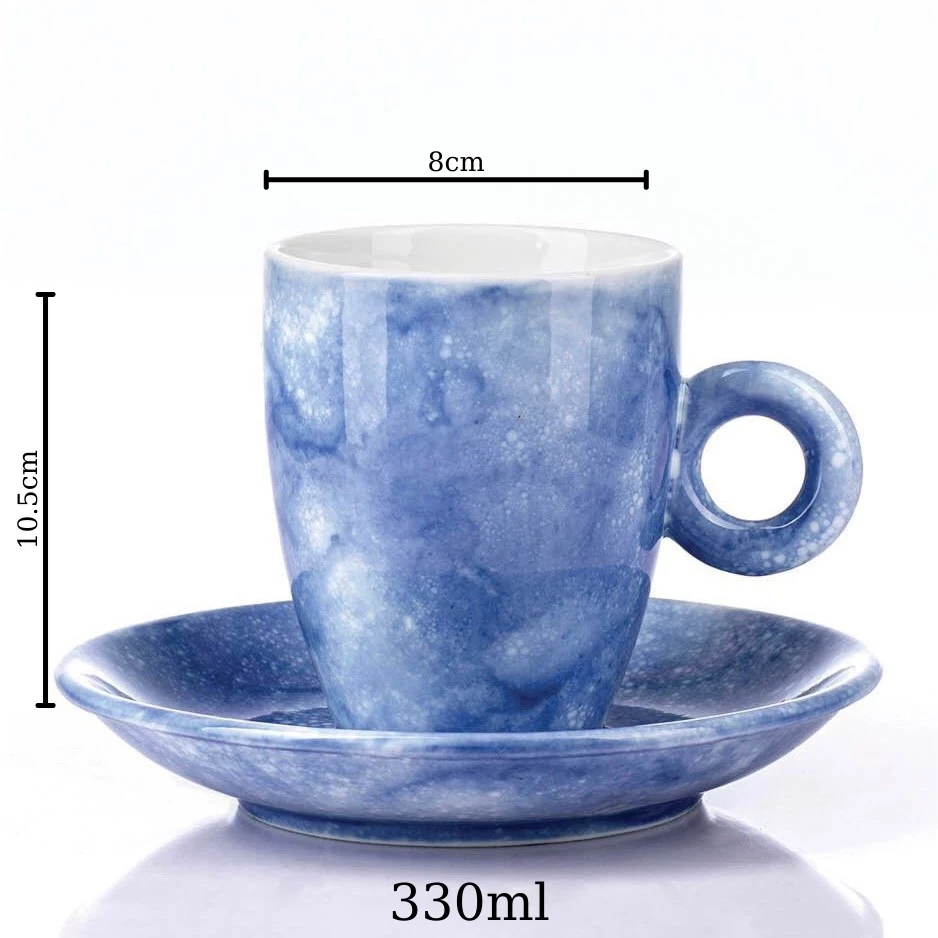 バッチャン焼き公式 蓋付き石釉マグカップ コバルトブルー大理石柄 330ml – 茶・コーヒー用