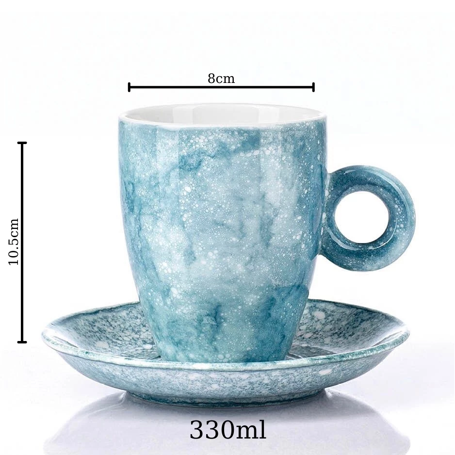 バッチャン焼 蓋付きストーンウェア釉 マグカップ 翡翠緑マーブル模様 (茶・コーヒー用 330ml) - 本物保証