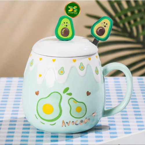 アボカド柄セラミックマグカップ 400ml 蓋＆スプーン付き - ヘルシーライフを彩る