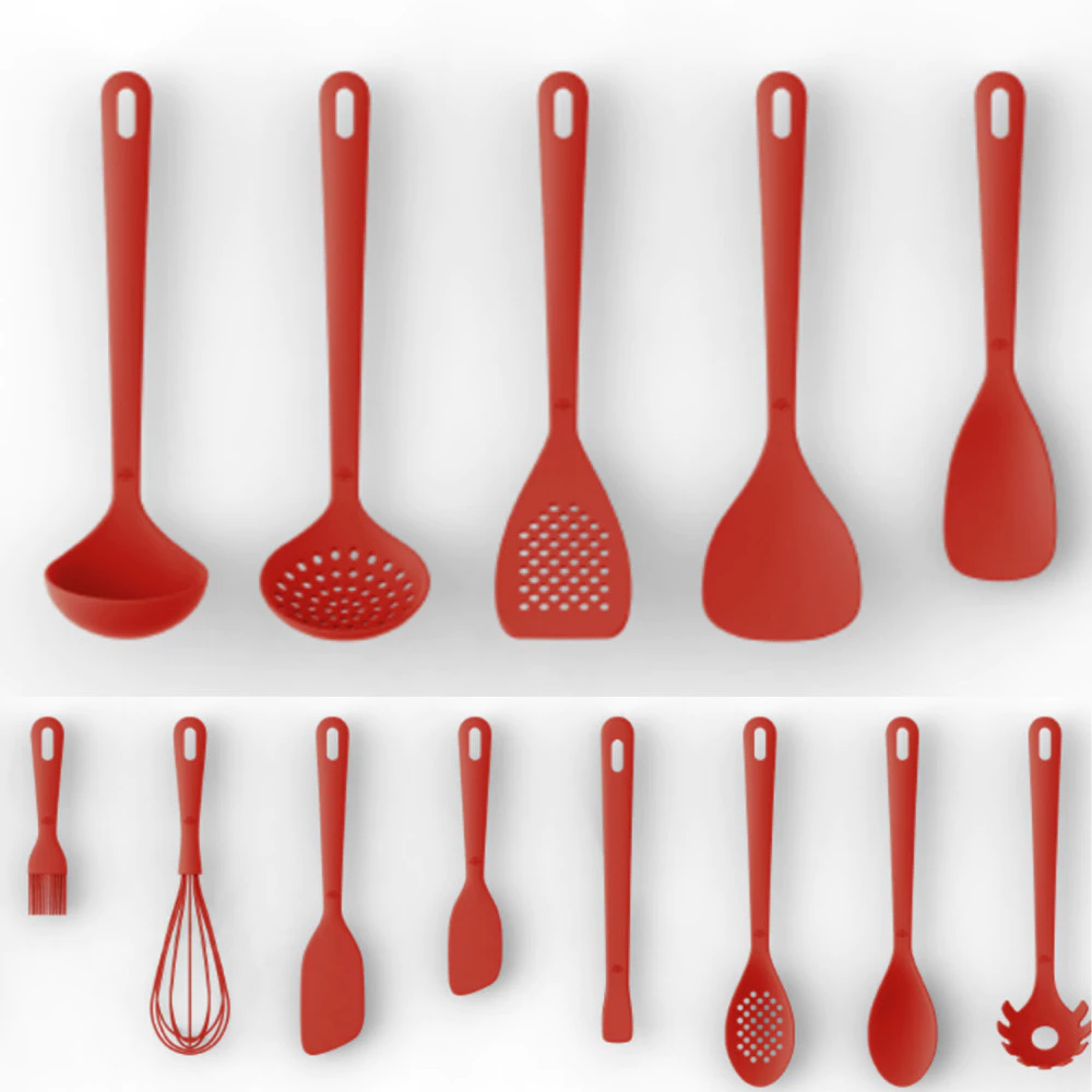 BALLARINI Rosso プレミアムシリコンキッチンツール5点セット – お玉、フライ返し、泡立て器、トング、ブラシ 高品質・耐熱・食洗機対応