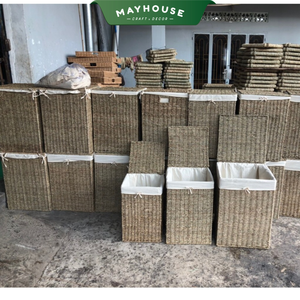 衣類バスケット 竹&籐製 裏地、蓋付き 装飾用 MAYHOUSE CRAFT&DECOR
