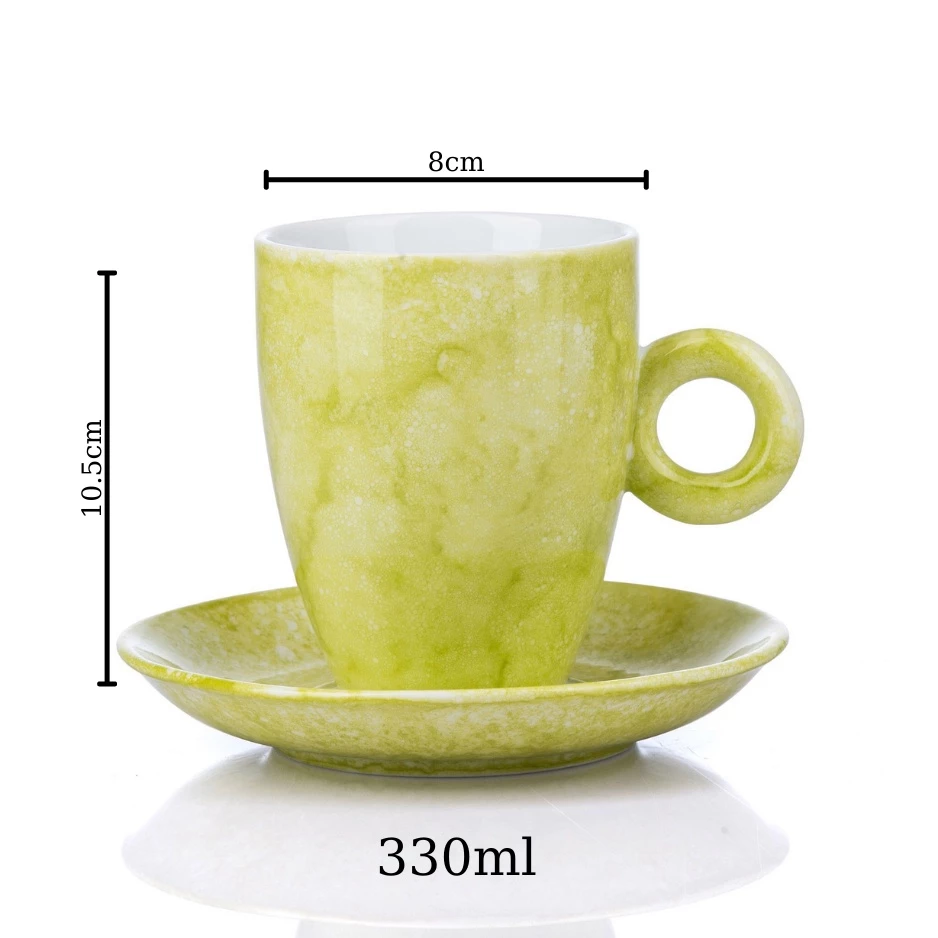 バッチャン焼き ストーン釉薬 蓋付きセラミックカップ - 青磁翡翠柄、お茶・コーヒー用 330ml