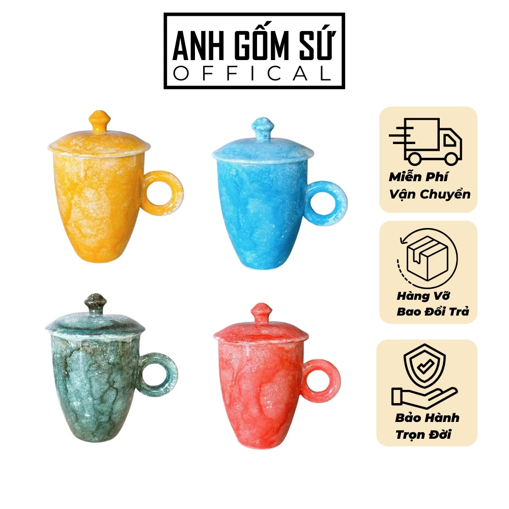 バッチャン焼き 溶岩釉 蓋付きマグカップ 330ml - 手作り陶器製 ティーカップ/コーヒーカップ (カメリアオレンジ石目調)