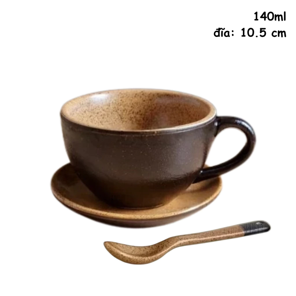 バッチャン焼き 黒白 140ml カップ＆ソーサー＆スプーンセット (カプチーノ・エスプレッソ・お茶用) 伝統の「コックバット」型