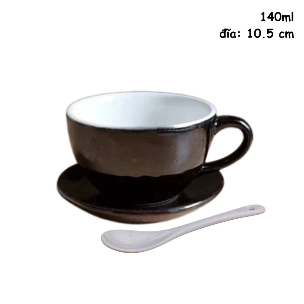 バッチャン焼 黒白 ミニカップ＆ソーサー＆スプーンセット (140ml) – エスプレッソ・カプチーノ・ティー用 伝統の「鉢形」デザイン