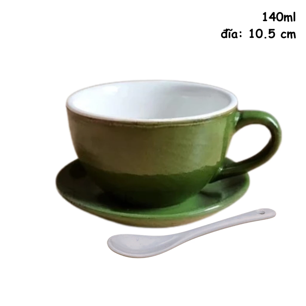 バッチャン焼き 鉢形カップ＆ソーサー＆スプーンセット 140ml 緑色 - エスプレッソ・カプチーノ・ティーに最適