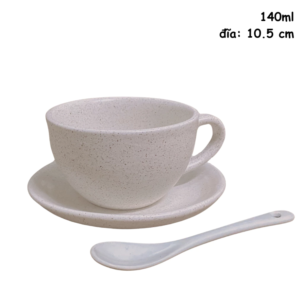 バッチャン焼 セラミック カップ＆ソーサー＆スプーンセット 白 140ml (エスプレッソ・カプチーノ・茶器兼用) 碗型デザイン