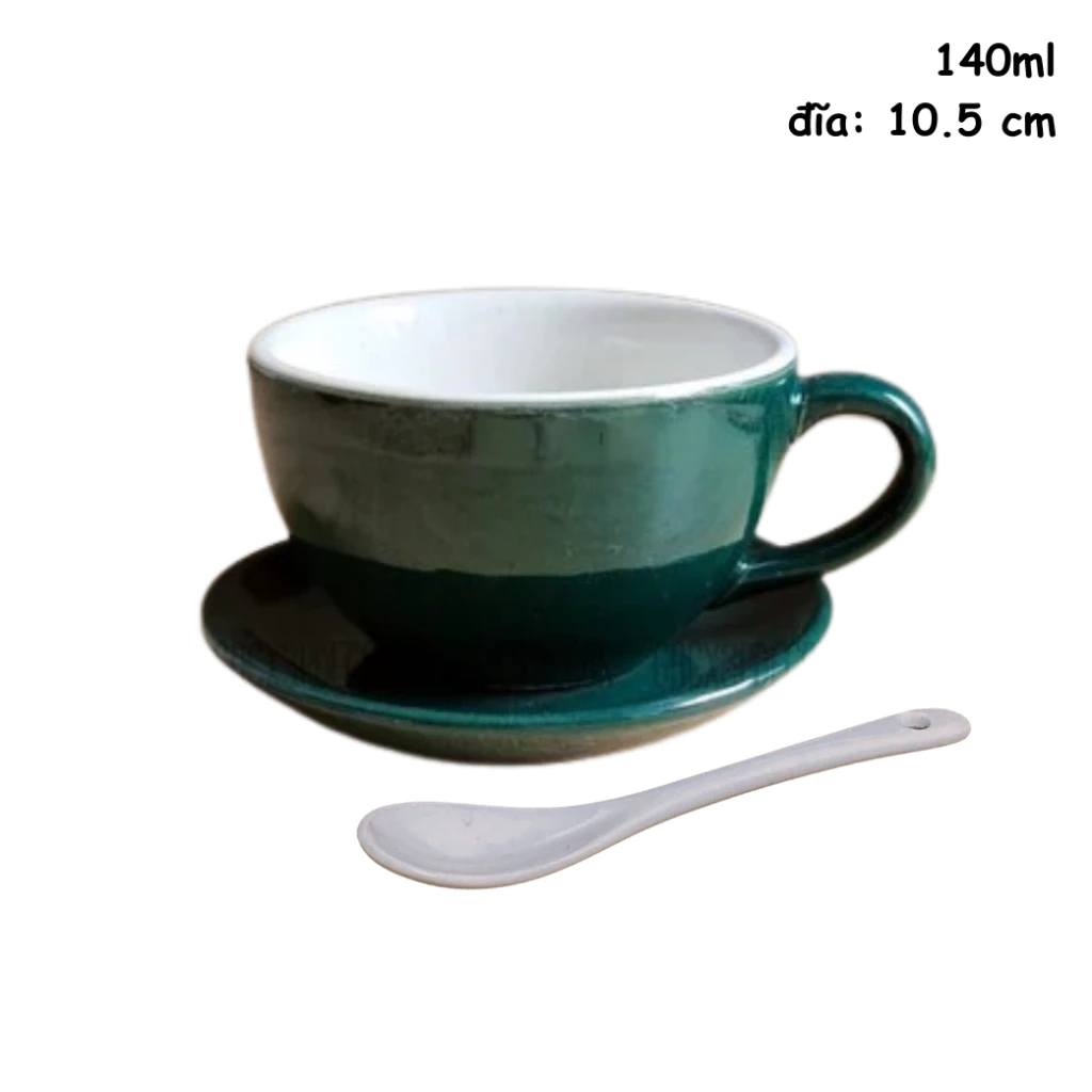 バッチャン焼き エスプレッソ・カプチーノ カップ＆ソーサー＆スプーンセット 140ml 青緑 (抹茶碗風デザイン)