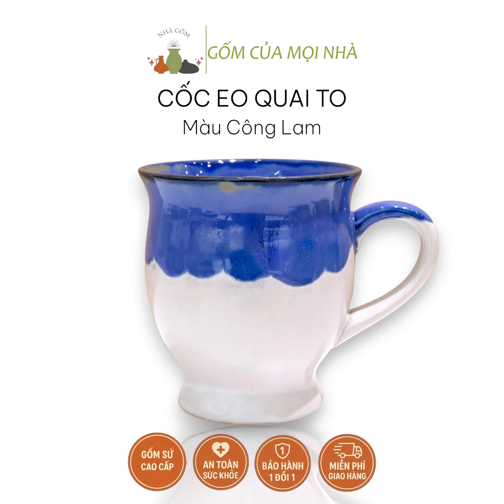 バッチャン焼 高級窯変マグカップ 500ml 大容量 ワイドハンドル 広口デザイン コンラム（藍）模様 - 水、お茶、コーヒーに