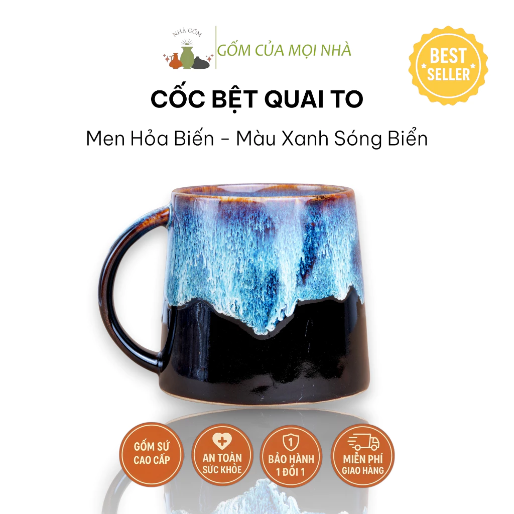 バッチャン焼き 波模様の青い太い取っ手付きマグカップ 500ml – ビール、コーヒー、お茶に最適