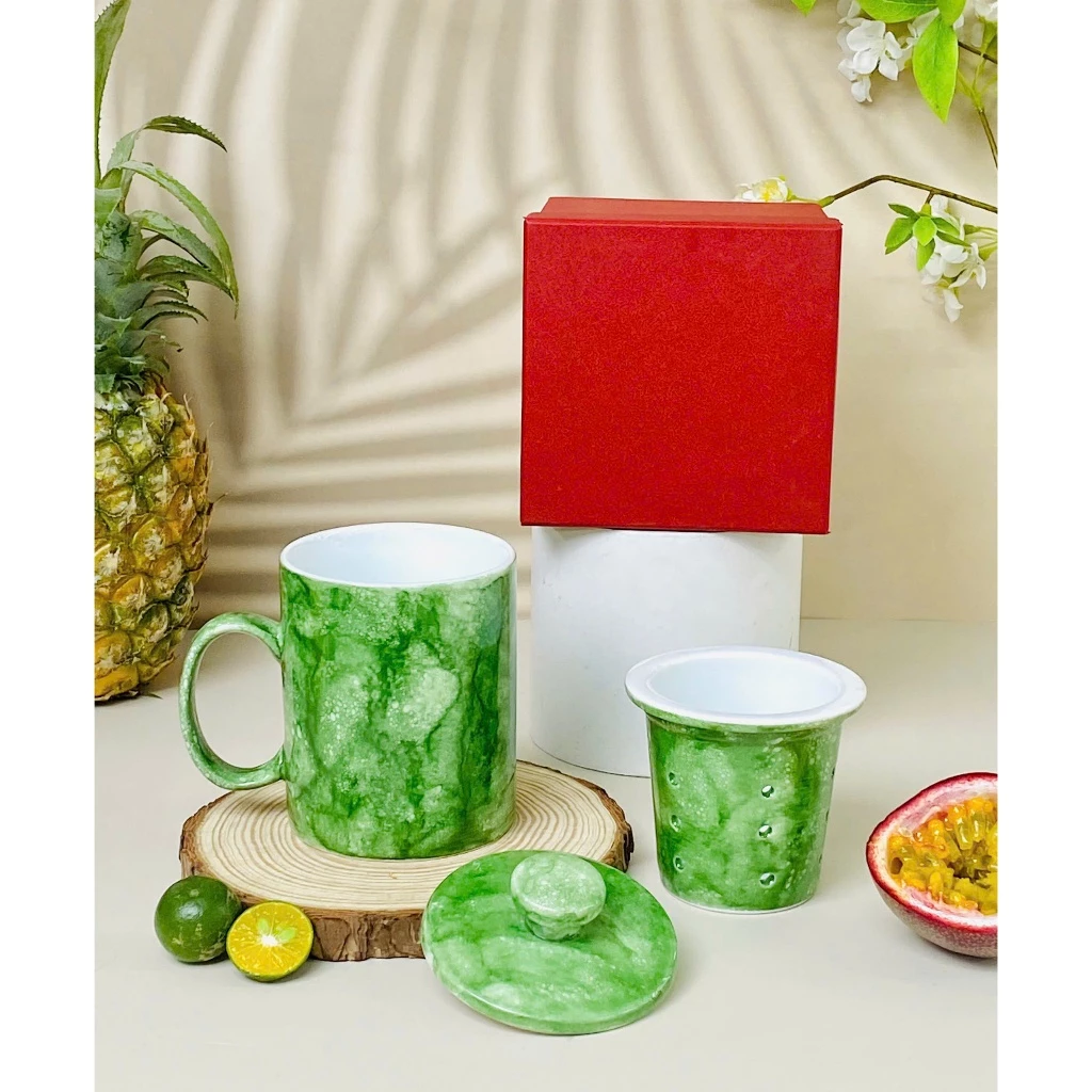 バッチャン焼き 青クロム雲石柄 取っ手付きセラミックマグカップ 450ml - 水、お茶、コーヒー、ビールに