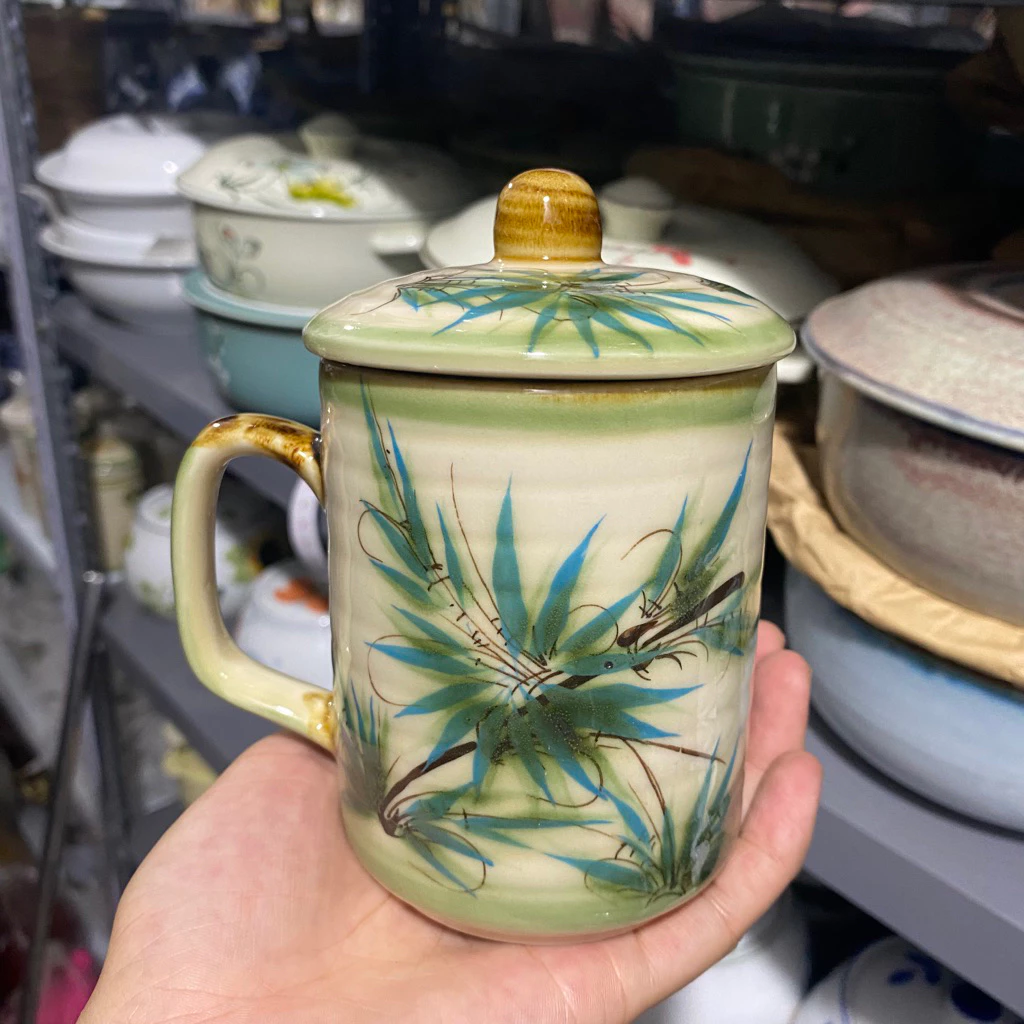 バッチャン焼き 手描き青竹模様 蓋付きマグカップ 350ml