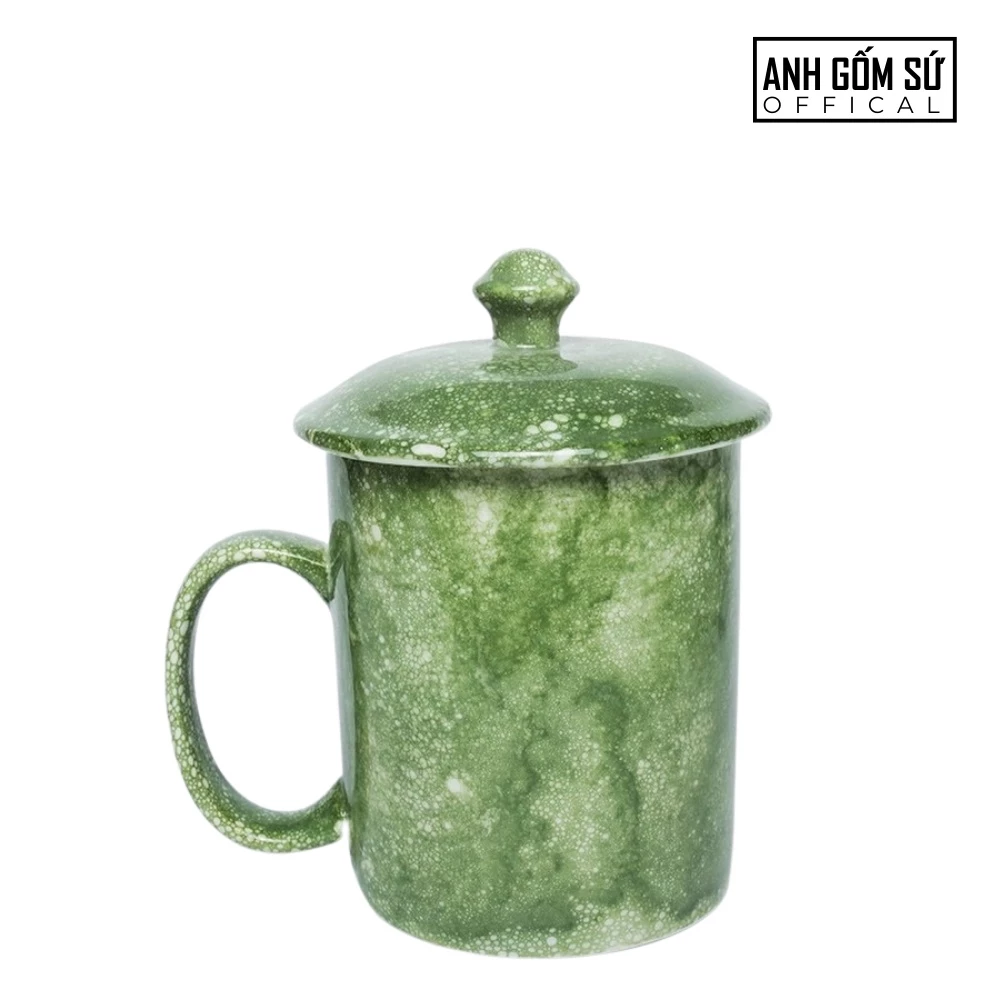 バッチャン焼き 蓋付きストーン釉薬マグカップ 350ml リーフグリーン