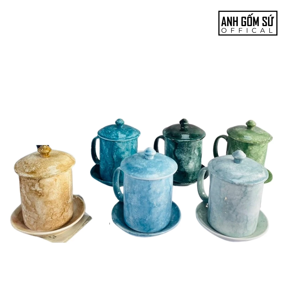 バッチャン焼き 蓋付きストーン釉薬マグカップ 350ml リーフグリーン