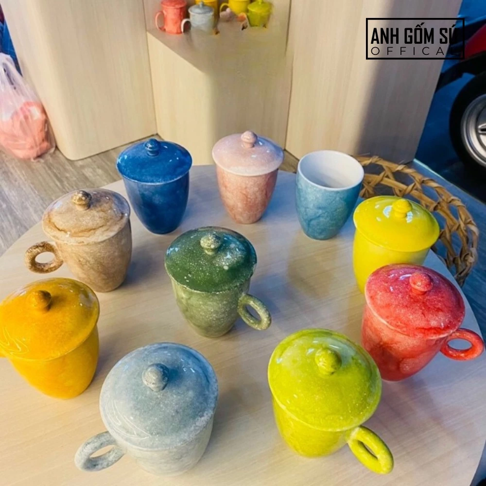 蓋付きバッチャン陶器マグカップ、石目釉薬、ピンク大理石模様、330ml、茶・コーヒー用