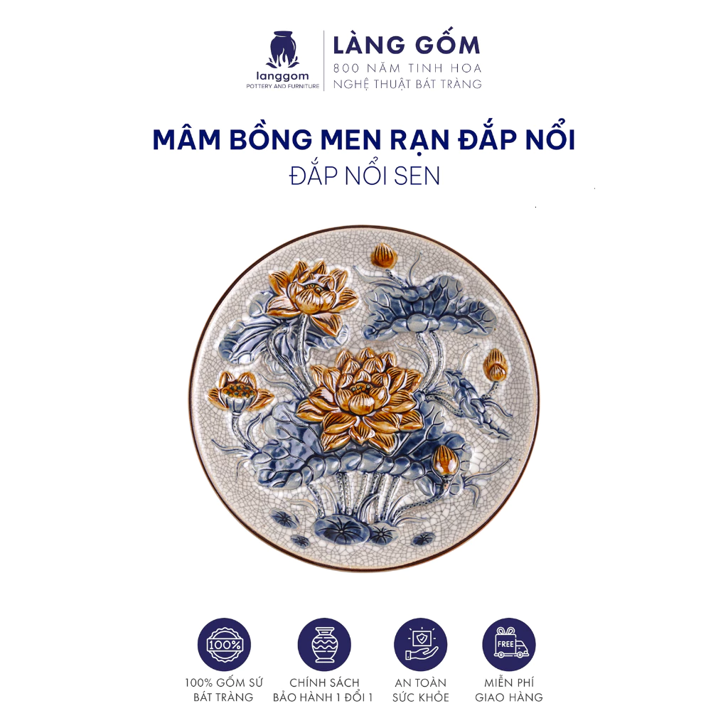 バッチャン焼き 祭壇用供物皿 - ひび割れ釉薬 蓮・龍・鳳凰手彫り浮彫り - 高級陶磁器