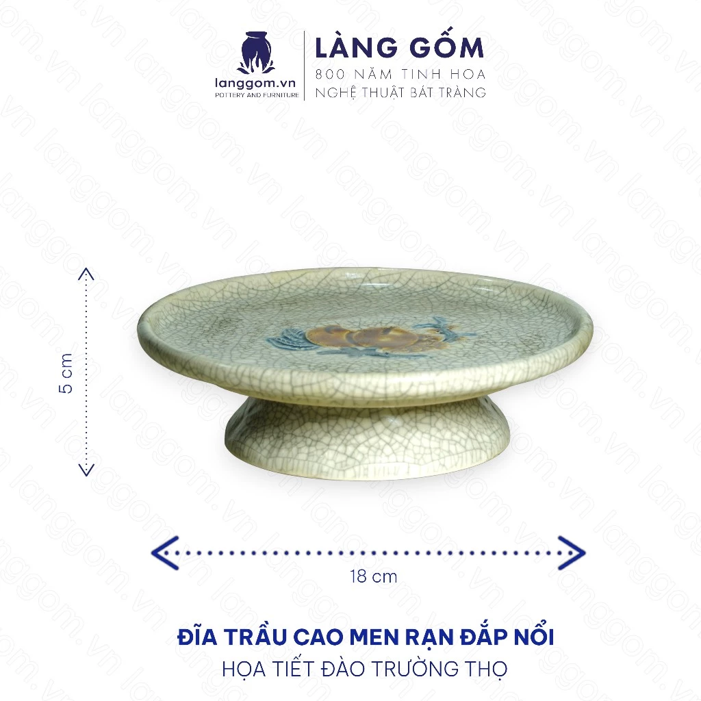 バッチャン焼 手描き蓮・龍模様 貫入釉浮彫り供物皿 - 高級手作り陶磁器 仏壇・祭壇用