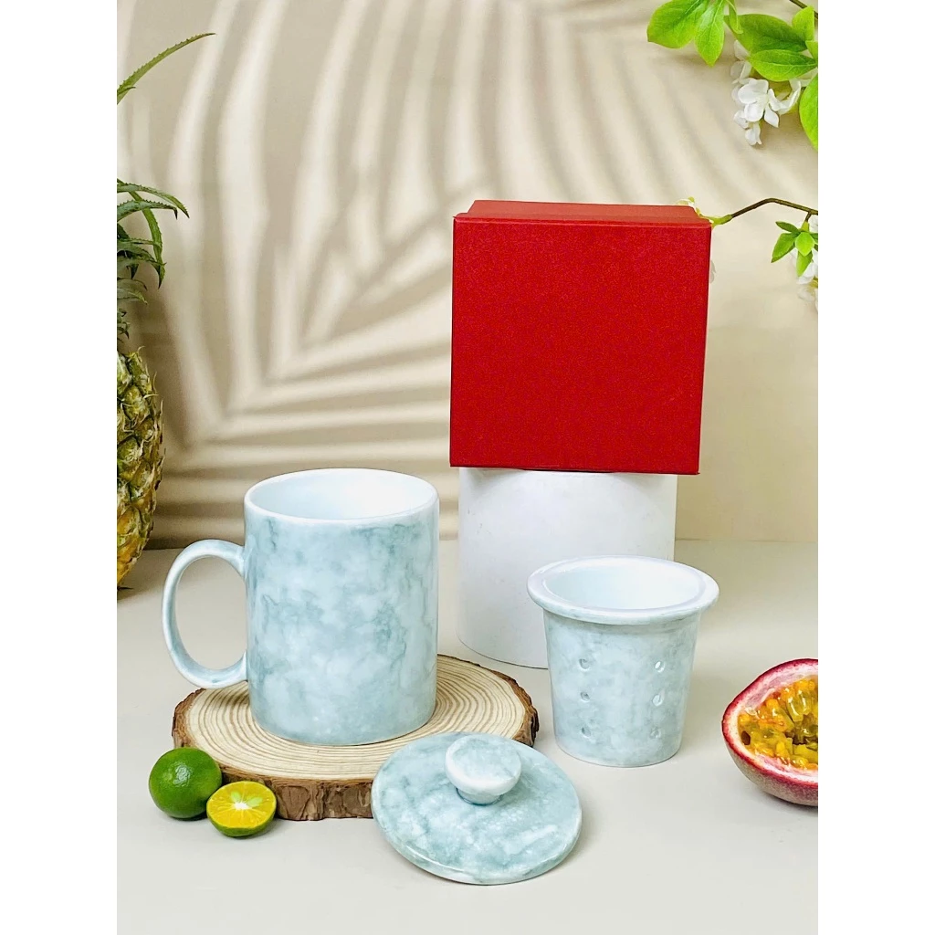 バッチャン焼 高級セラミック茶漉しマグカップ 350ml C字ハンドル 蓋・茶こしフィルター付き オフィス用 ケーブルストーン模様