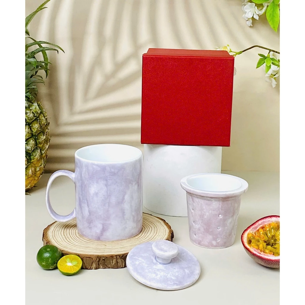 バッチャン焼き 高級茶漉し付きマグカップ 350ml - 紫の石目調デザイン（オフィス・自宅用）