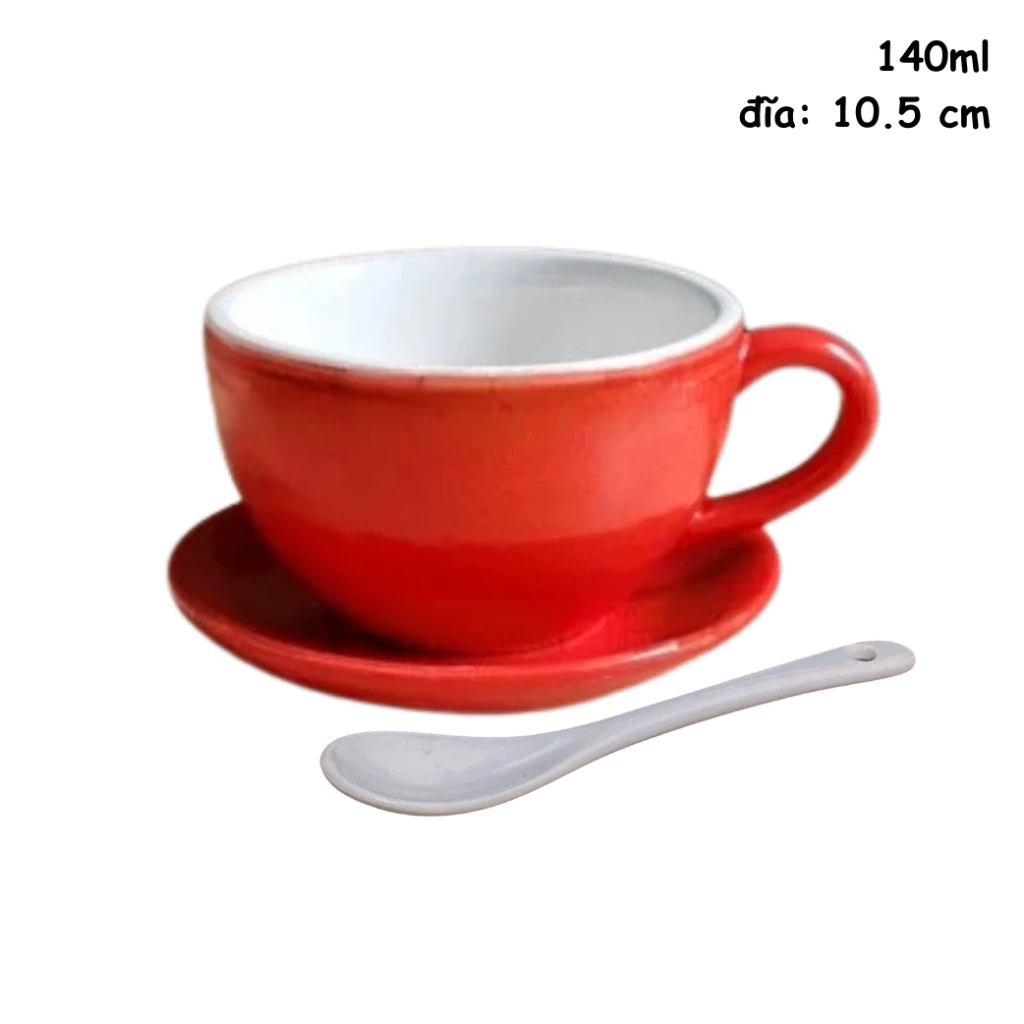 バッチャン焼き 赤色 ティー・コーヒーカップ＆ソーサー＆スプーンセット (140ml) カプチーノ・エスプレッソ用 茶碗型