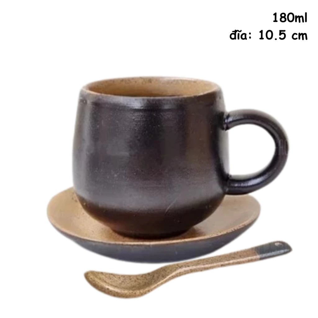バッチャン焼き トンタプ型 黒陶器 カップ＆ソーサー＆スプーンセット 180ml 取っ手付き お茶・コーヒー用